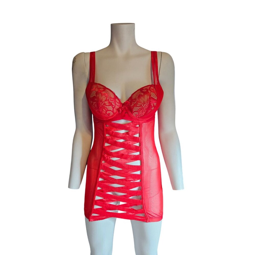 Fredericks Of Hollywood Red Lace Mesh Sheer Chemise Lingerie - Size M